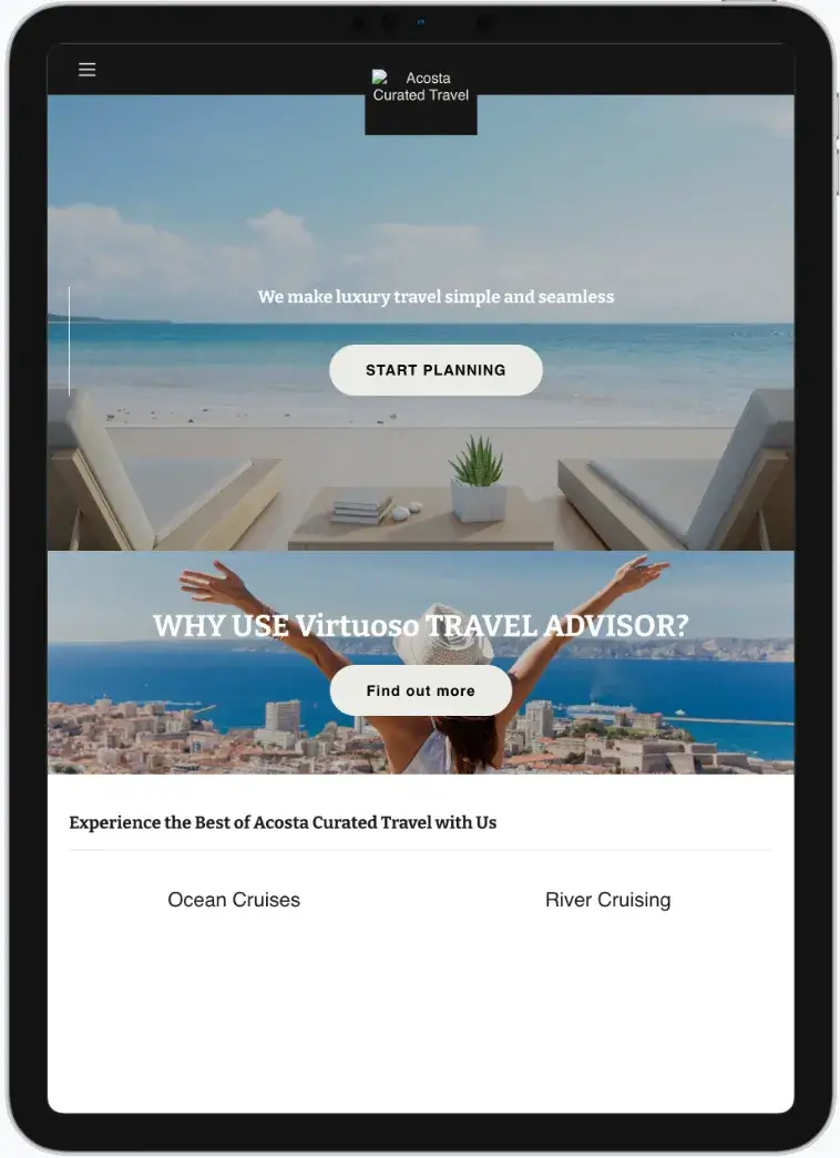 Before screenshot: Acosta Curated Travel website with GoDaddy Airo platform
