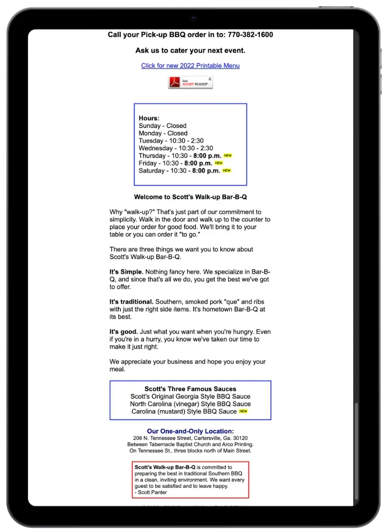 Before screenshot: Scott’s Walk-Up Bar-B-Q website with legacy layout and a PDF menu