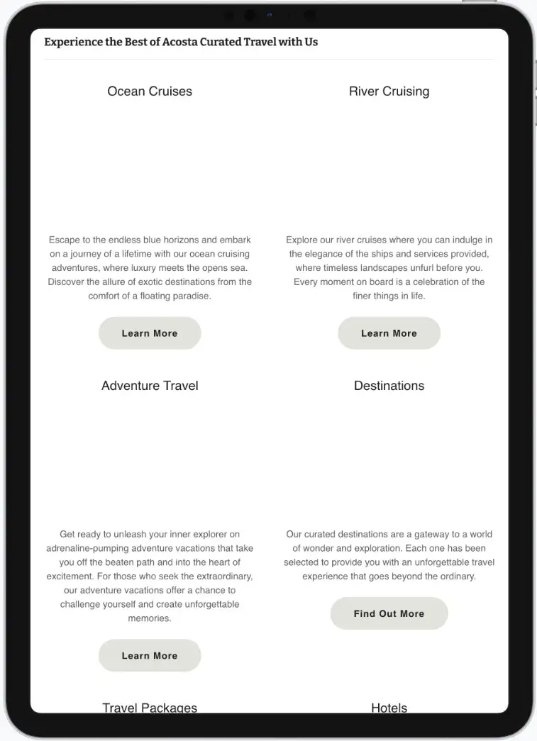 Before screenshot: Acosta Curated Travel website with GoDaddy Airo platform