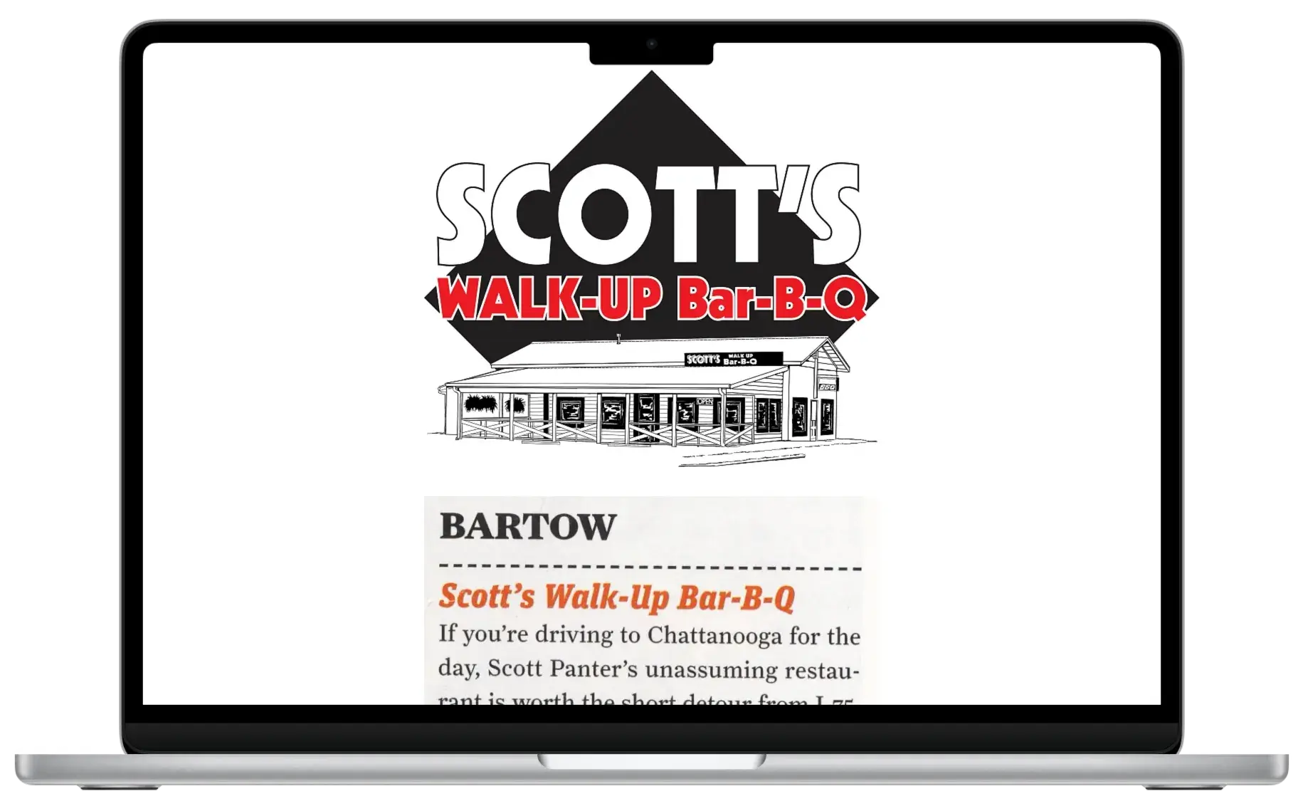 Before screenshot: Scott’s Walk-Up Bar-B-Q website with legacy layout and a PDF menu