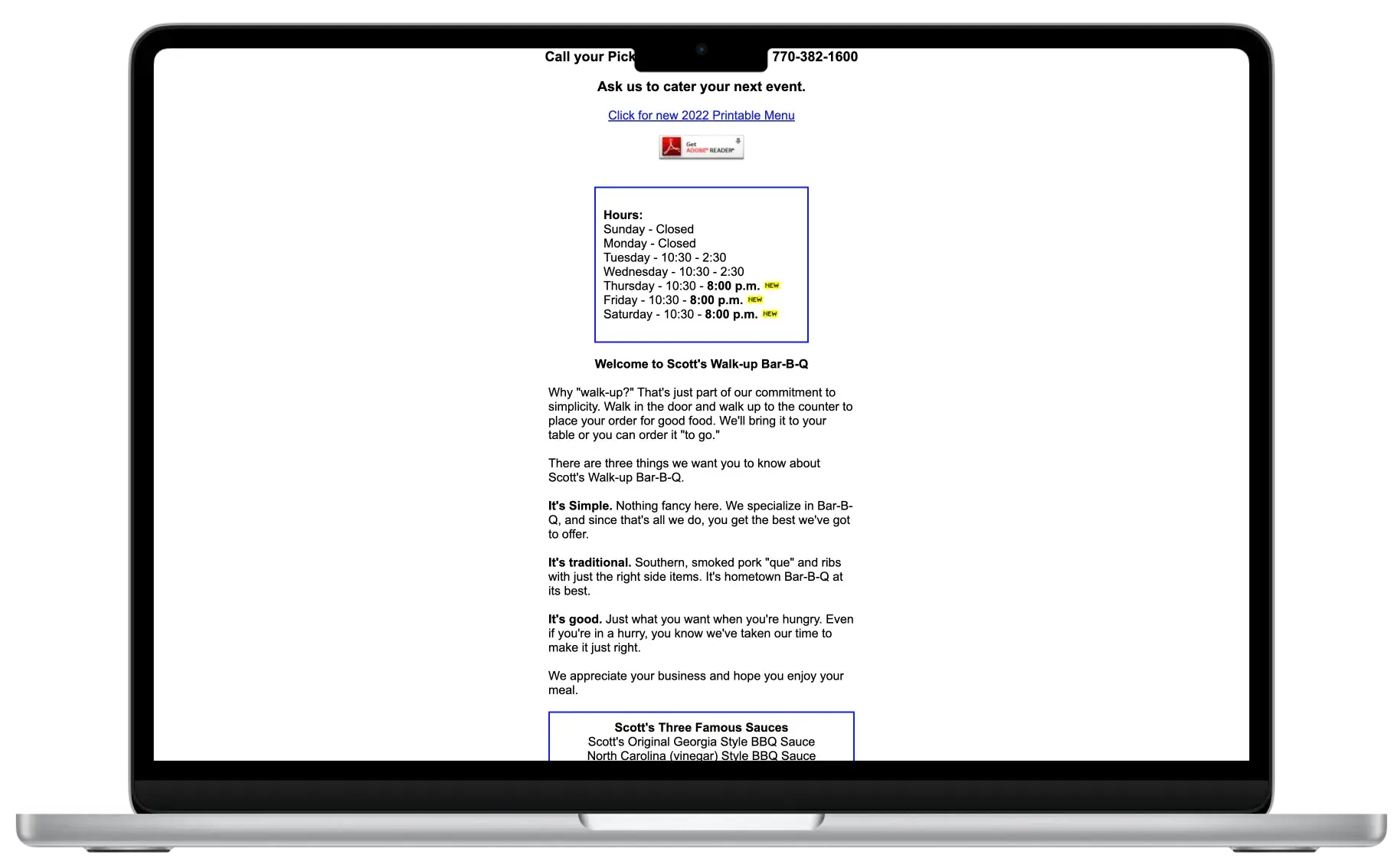 Before screenshot: Scott’s Walk-Up Bar-B-Q website with legacy layout and a PDF menu