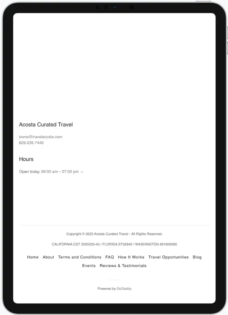 Before screenshot: Acosta Curated Travel website with GoDaddy Airo platform