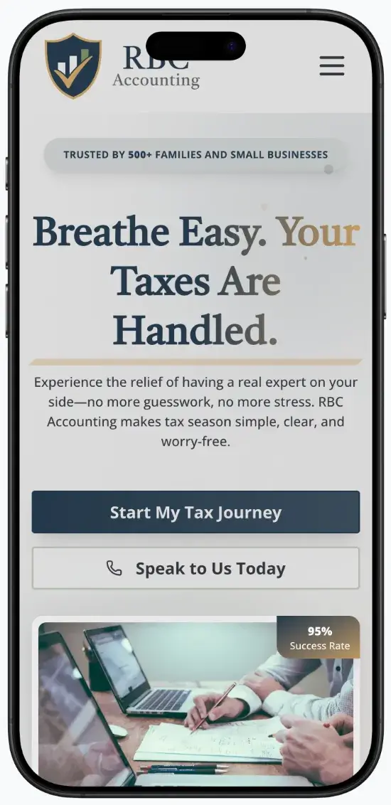 After screenshot: RBC Accounting website with clear tax services, mobile-friendly contact, and trustworthy branding