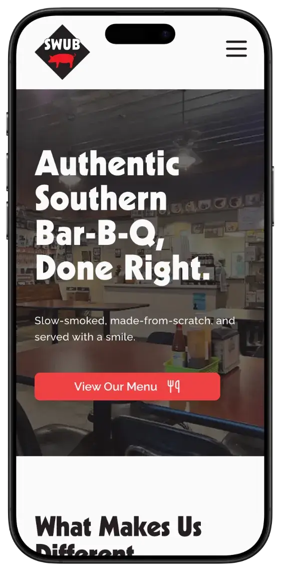 After screenshot: Scott’s Walk-Up Bar-B-Q website with an HTML menu, clear hours, and larger tap targets