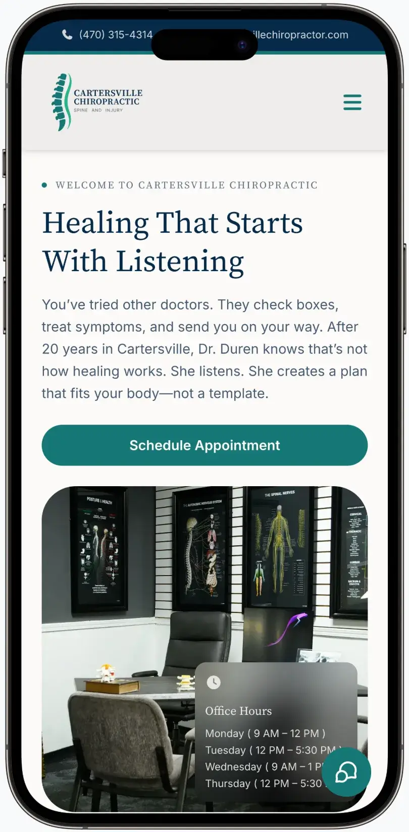 After screenshot: Cartersville Chiropractic website with professional branding, clear services, and patient-focused design
