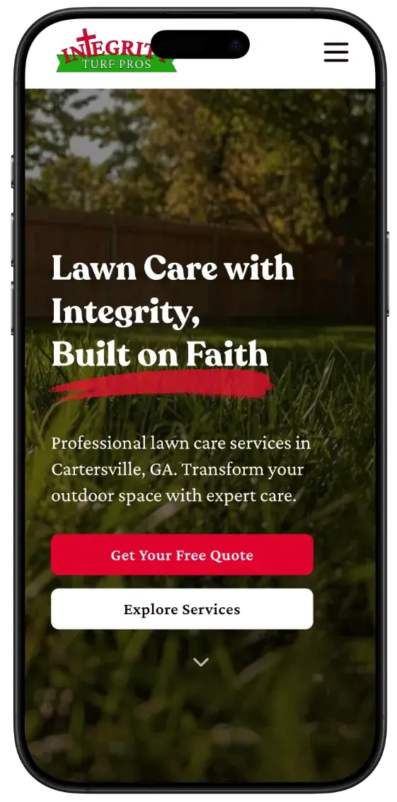 After screenshot: Integrity Turf Pros website with clear services, mobile-friendly contact, and trustworthy branding